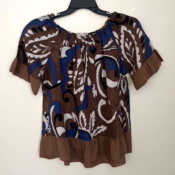 Terzo Millennio 100% Linen Ruffle Hem Tunic Top, Made In Italy, Brown Boho- L - Picture 1 of 9